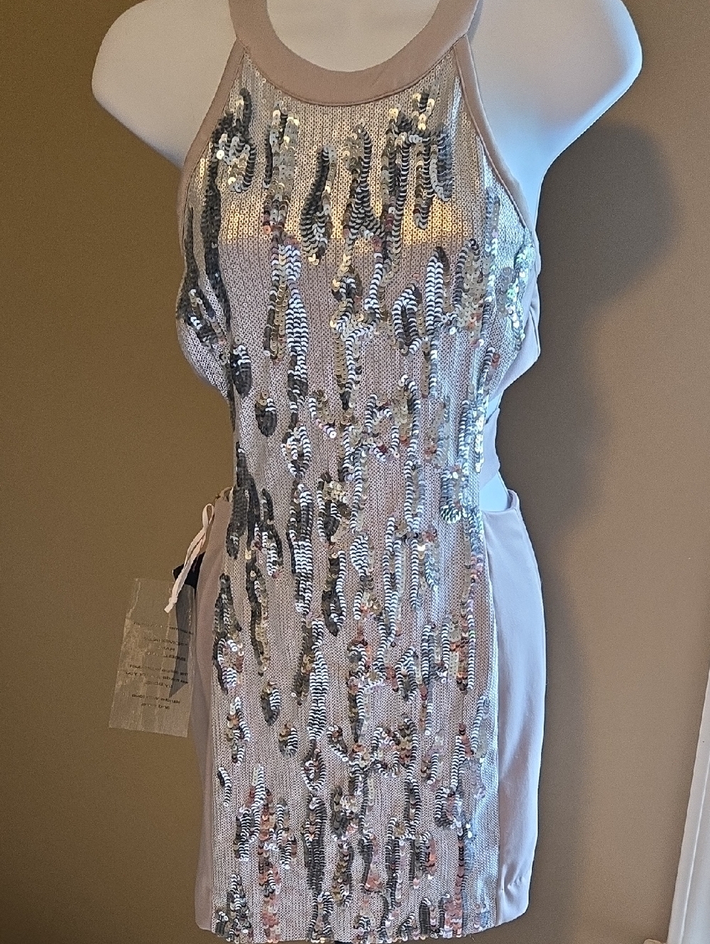 bebe Grey & Silver Sequin  Mini Dress Cut-Out Side & Strappy Back - Picture 2 of 12
